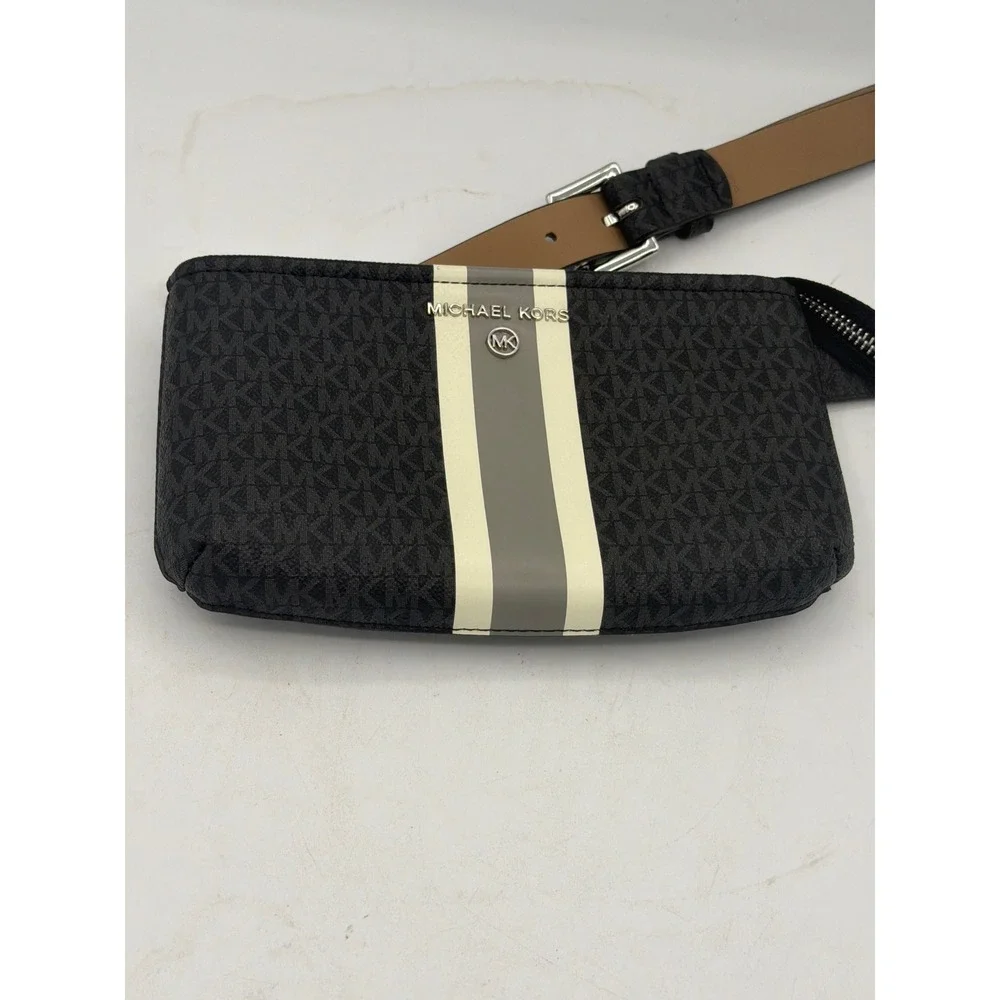 NWOT Michael Kors Signature Monogram Stripe Belt Bag Fanny Pack Black/Grey